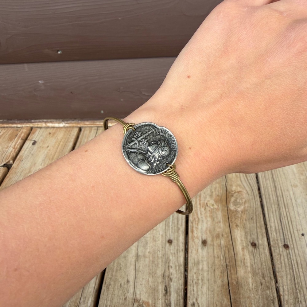 Luca + Danni Joan Of Arc Coin Bangle Bracelet Women Brass Silver Tone Medallion